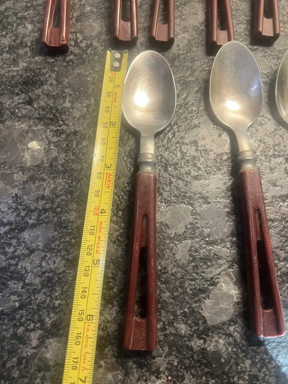 14 piece MCM Bakelite Brown Handle Stainless Steel Fork and Spoon Set - Stanhome